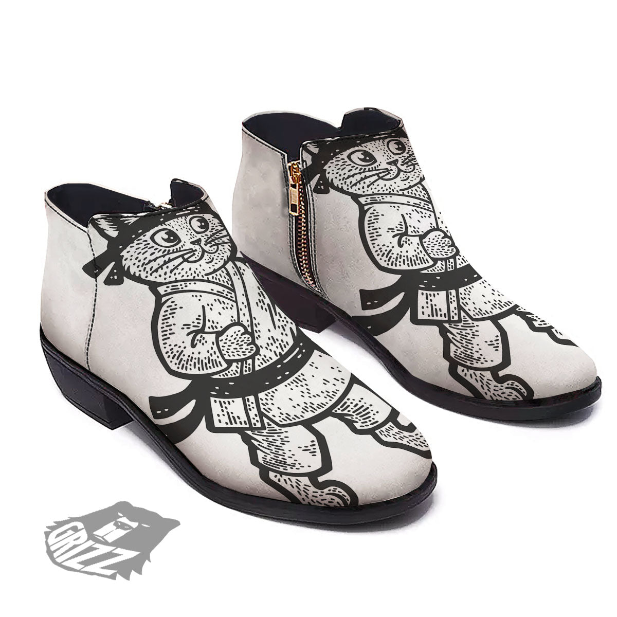 Cat Karate Print Ankle Boots-grizzshop
