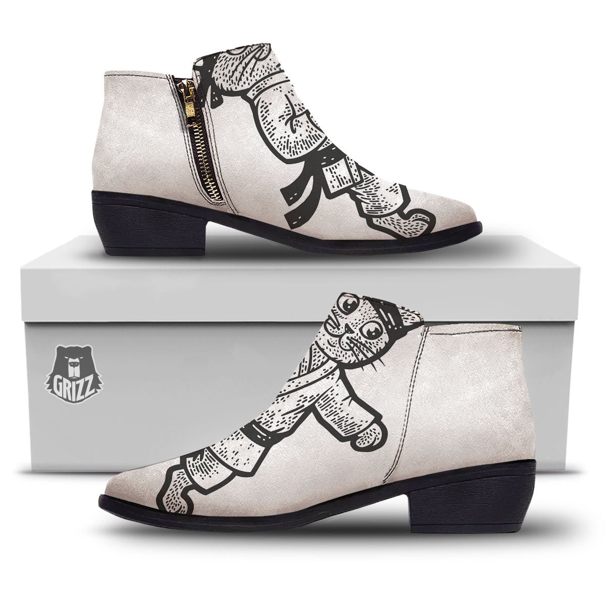 Cat Karate Print Ankle Boots-grizzshop