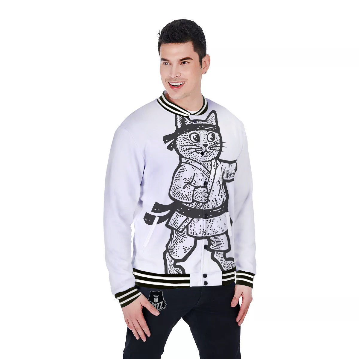 Cat Karate Print Baseball Jacket-grizzshop