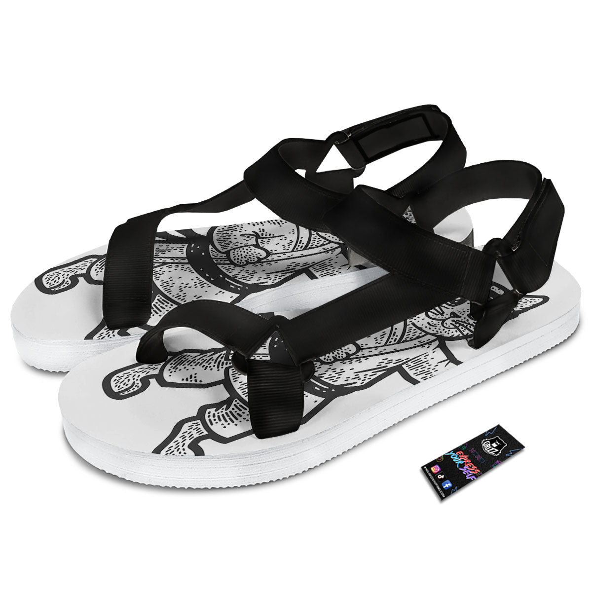 Cat Karate Print Black Open Toe Sandals-grizzshop