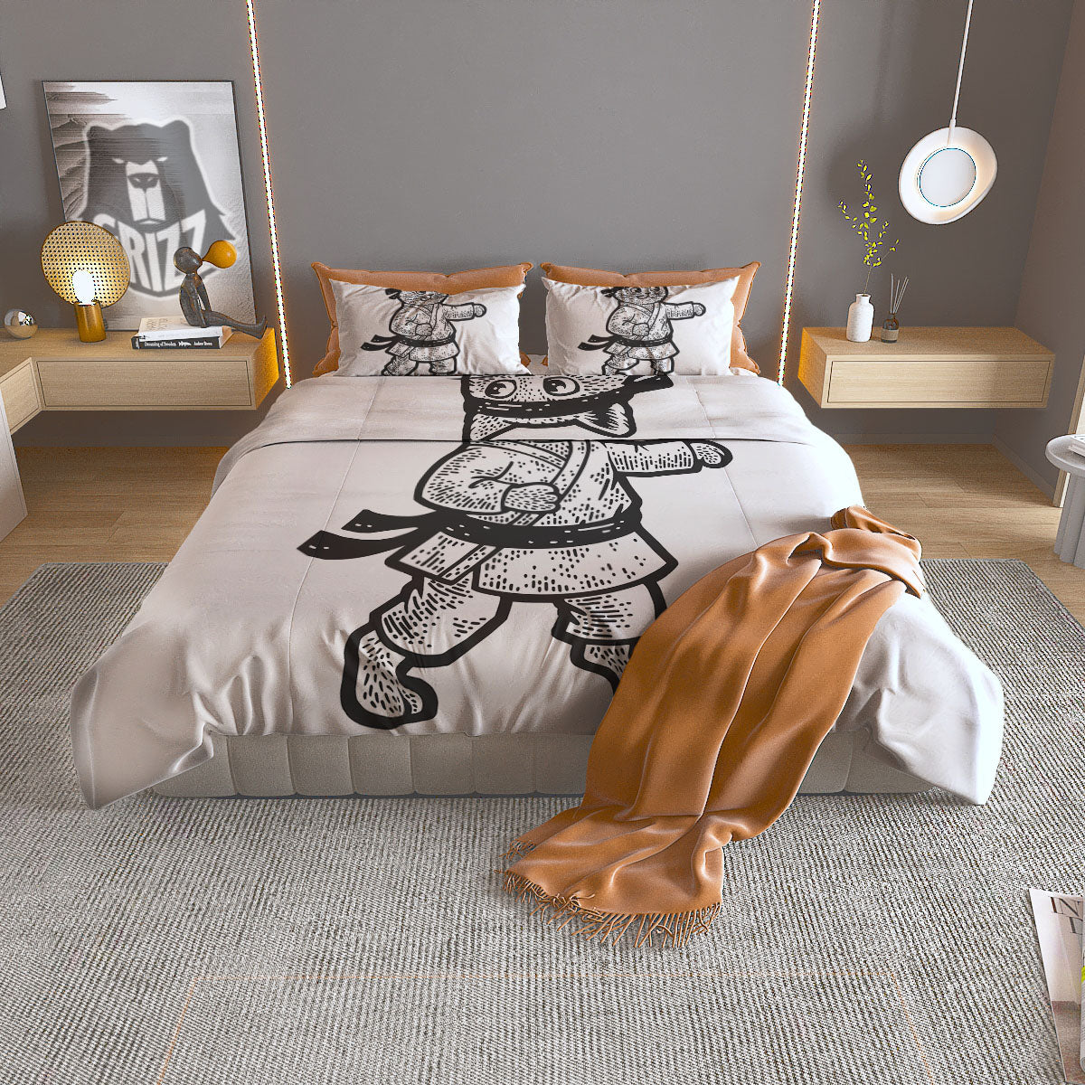 Cat Karate Print Duvet Cover Bedding Set