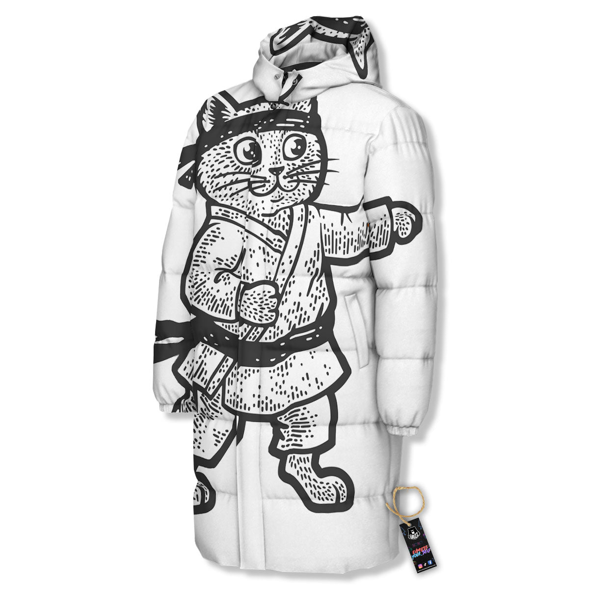 Cat Karate Print Long Down Jacket-grizzshop