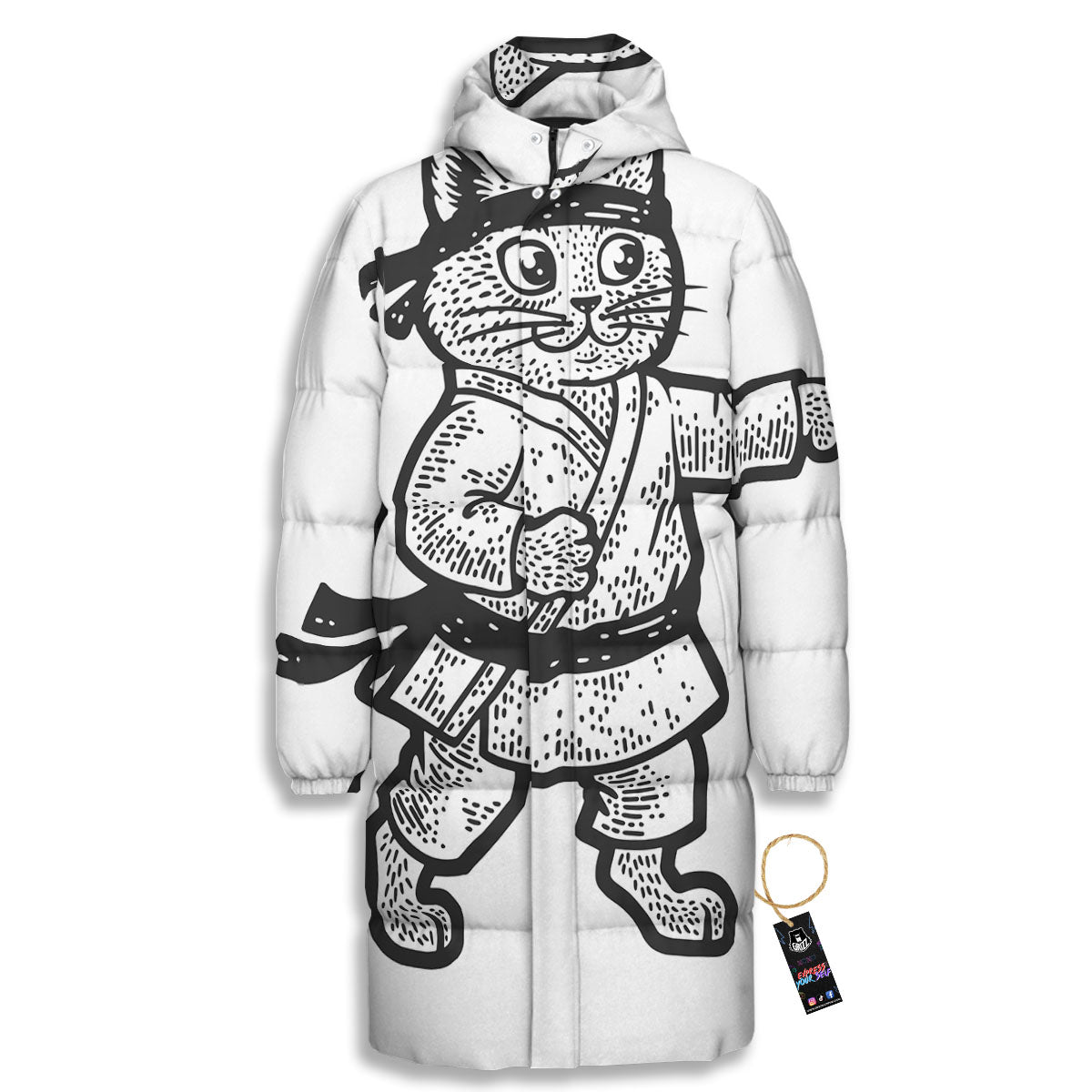 Cat Karate Print Long Down Jacket-grizzshop