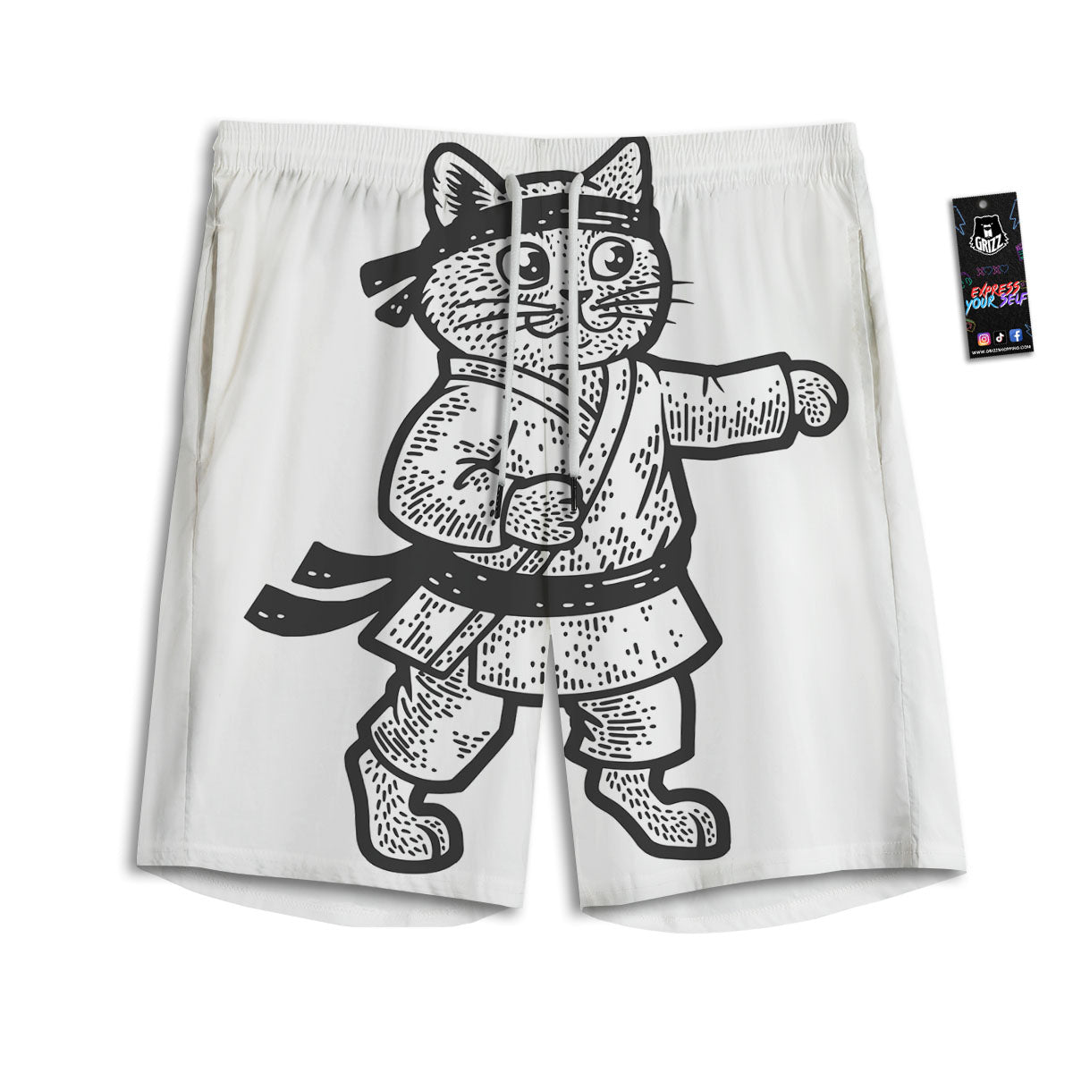 Cat Karate Print Men's Athletic Shorts