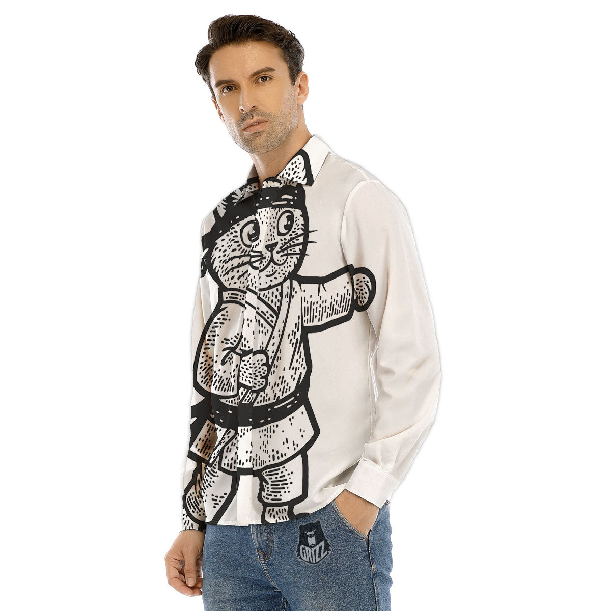 Cat Karate Print Men's Dress Shirts-grizzshop