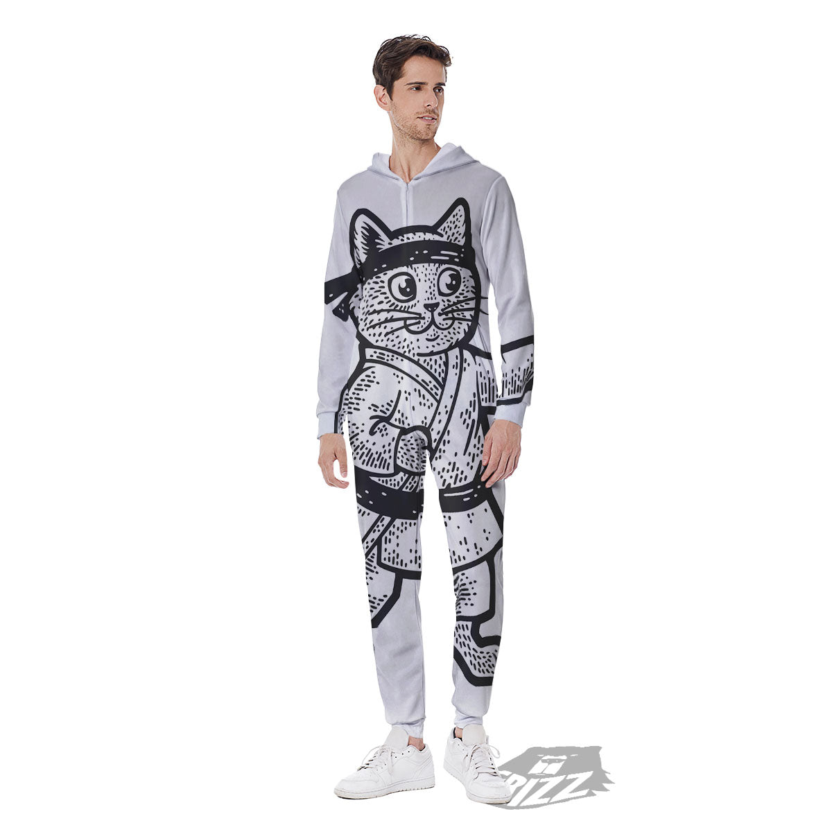 Cat Karate Print Men's Jumpsuit-grizzshop