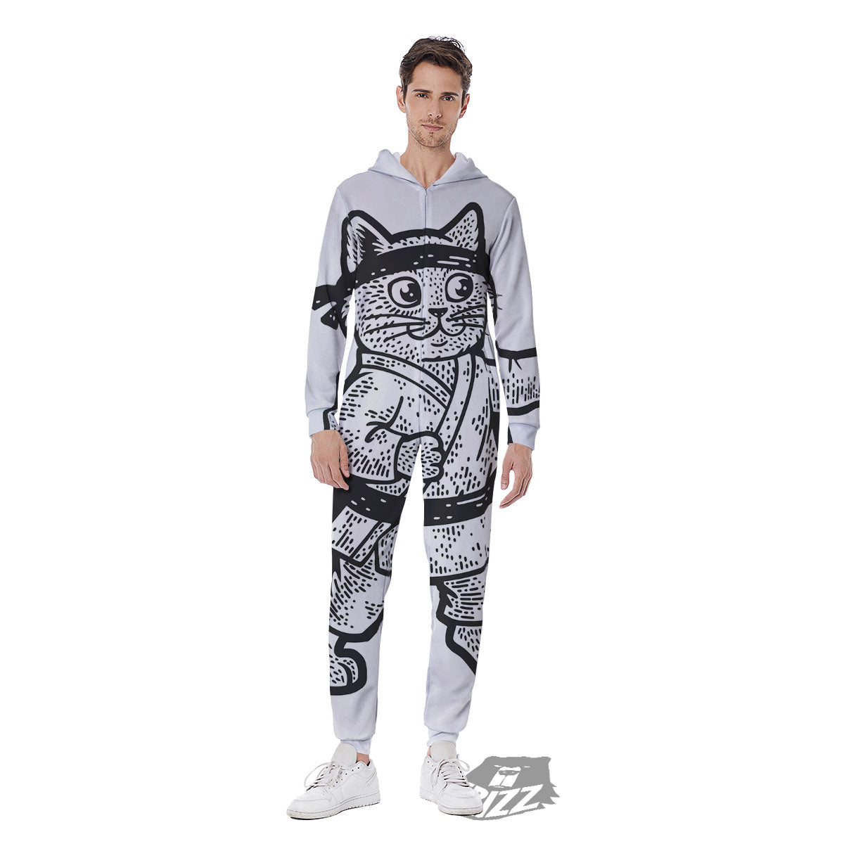 Cat Karate Print Men's Jumpsuit-grizzshop