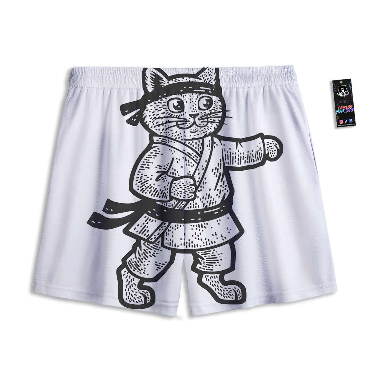 Cat Karate Print Mesh Shorts
