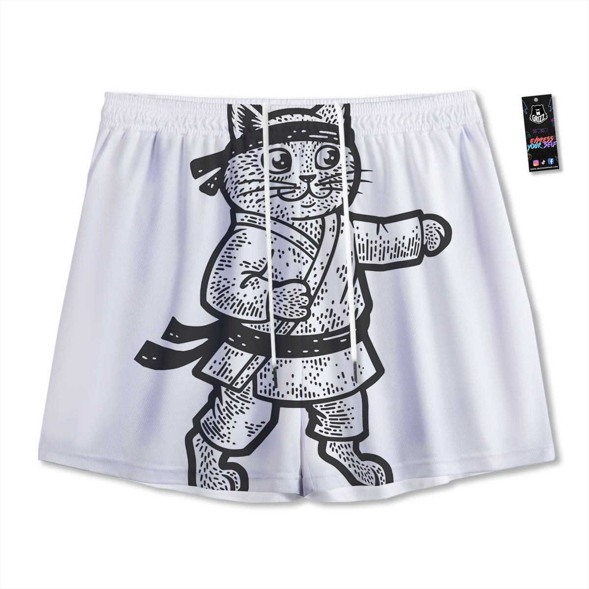 Cat Karate Print Mesh Shorts