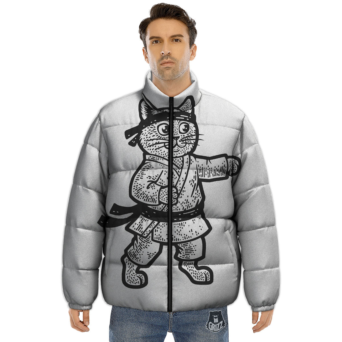 Cat Karate Print Puffer Jacket-grizzshop