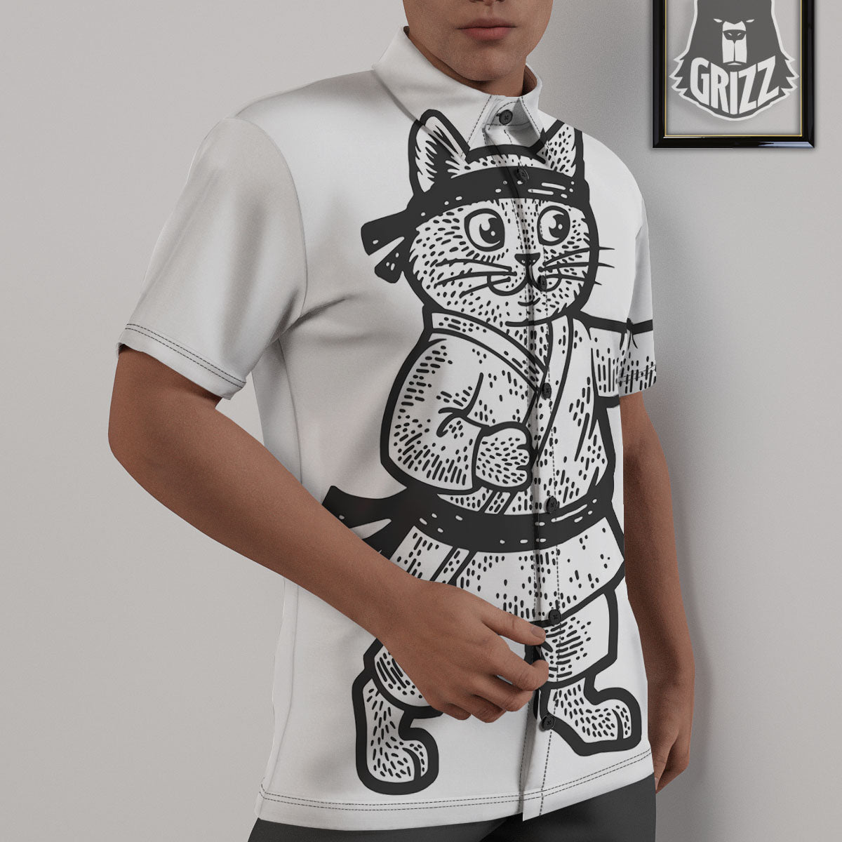 Cat Karate Print Untucked Shirts-grizzshop