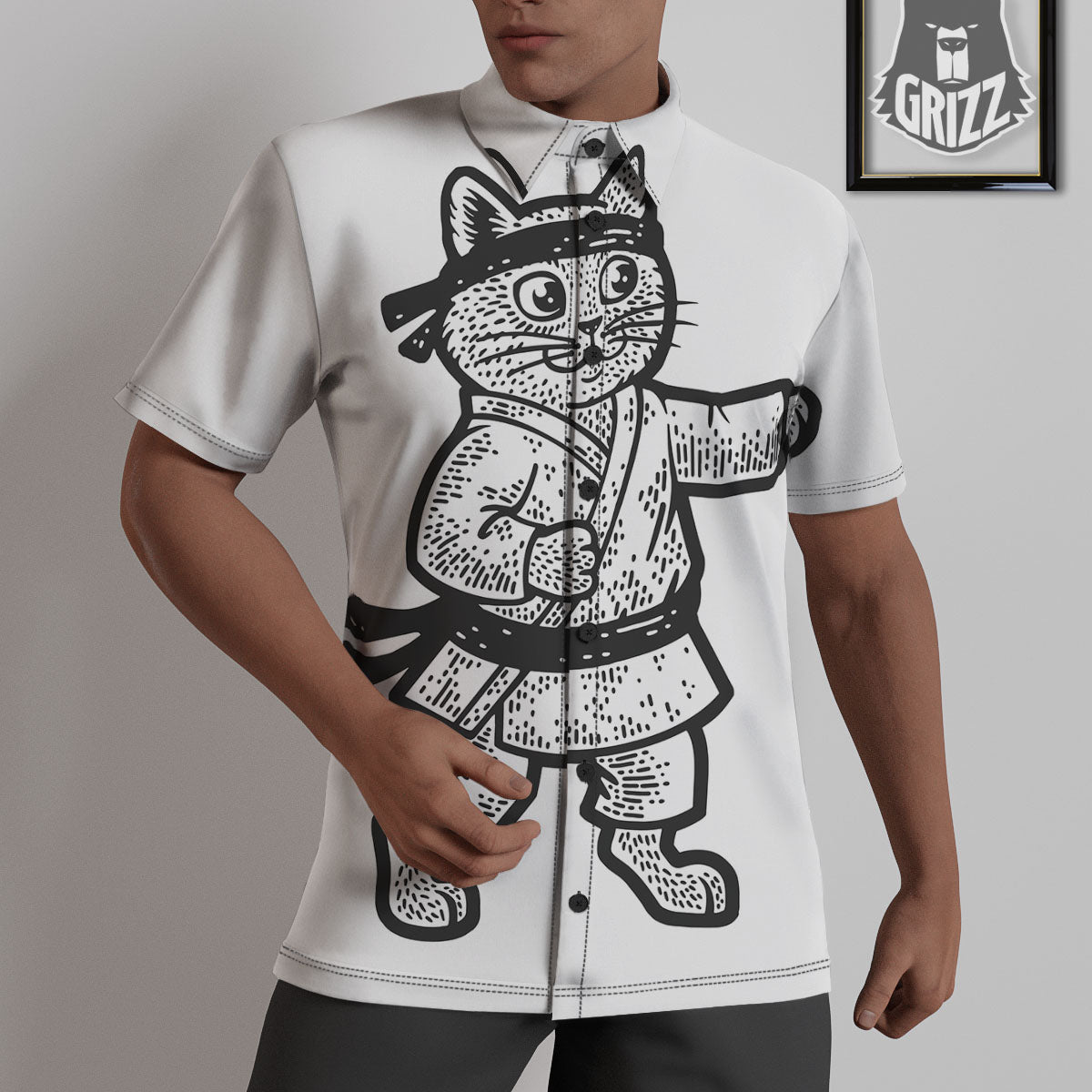 Cat Karate Print Untucked Shirts-grizzshop