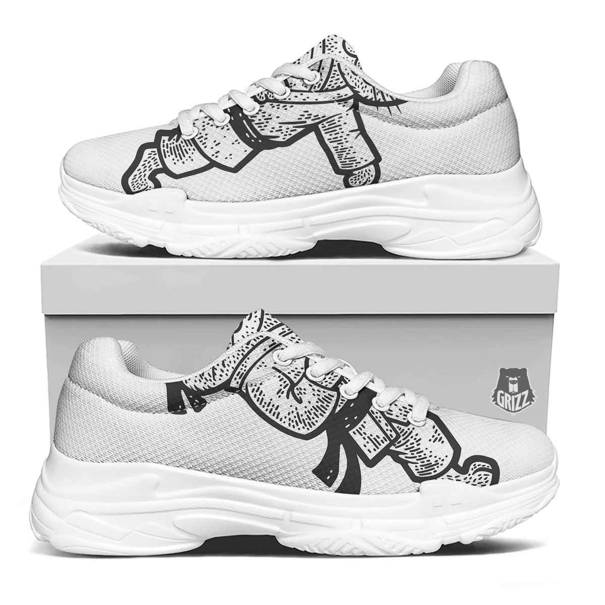 Cat Karate Print White Chunky Shoes-grizzshop