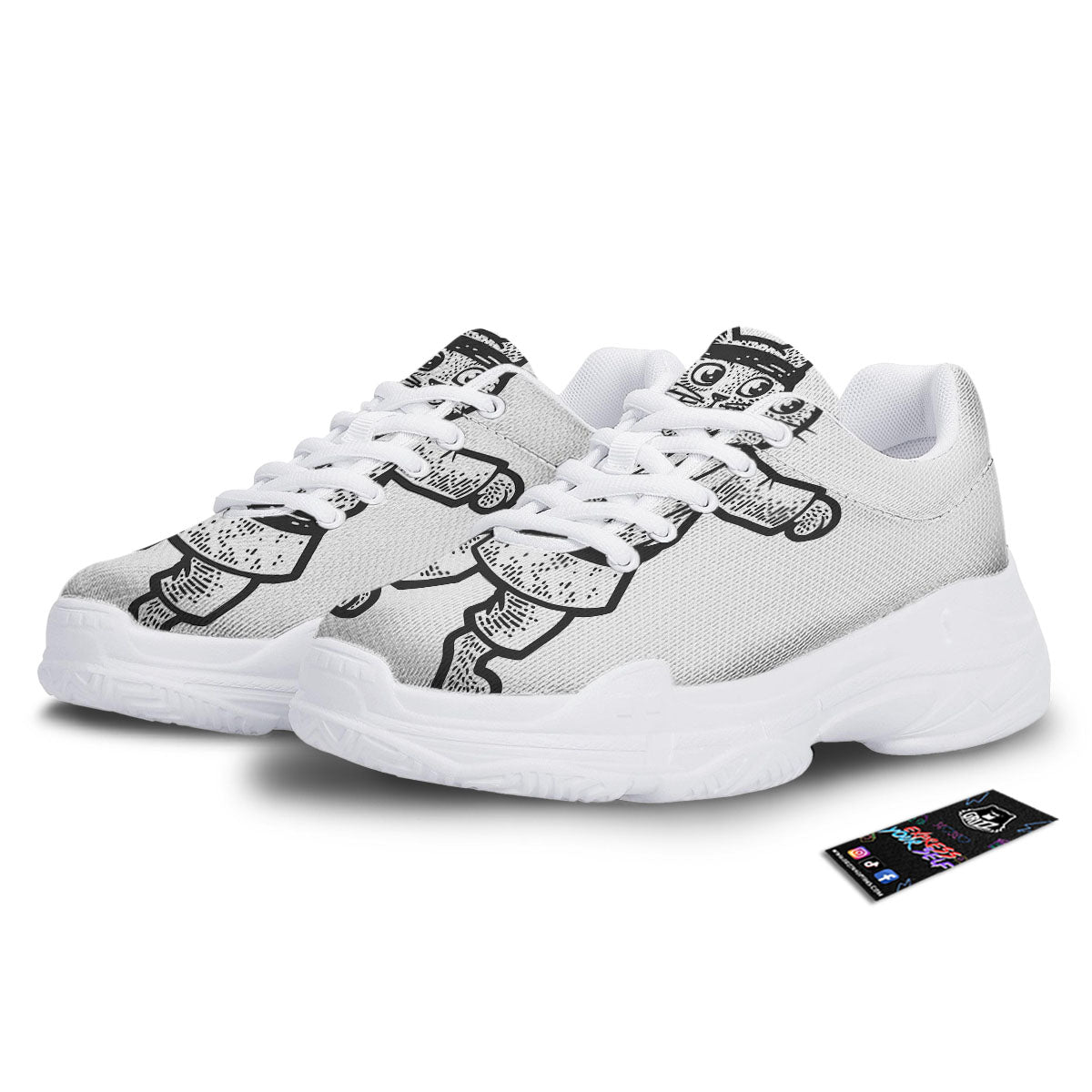 Cat Karate Print White Chunky Shoes-grizzshop