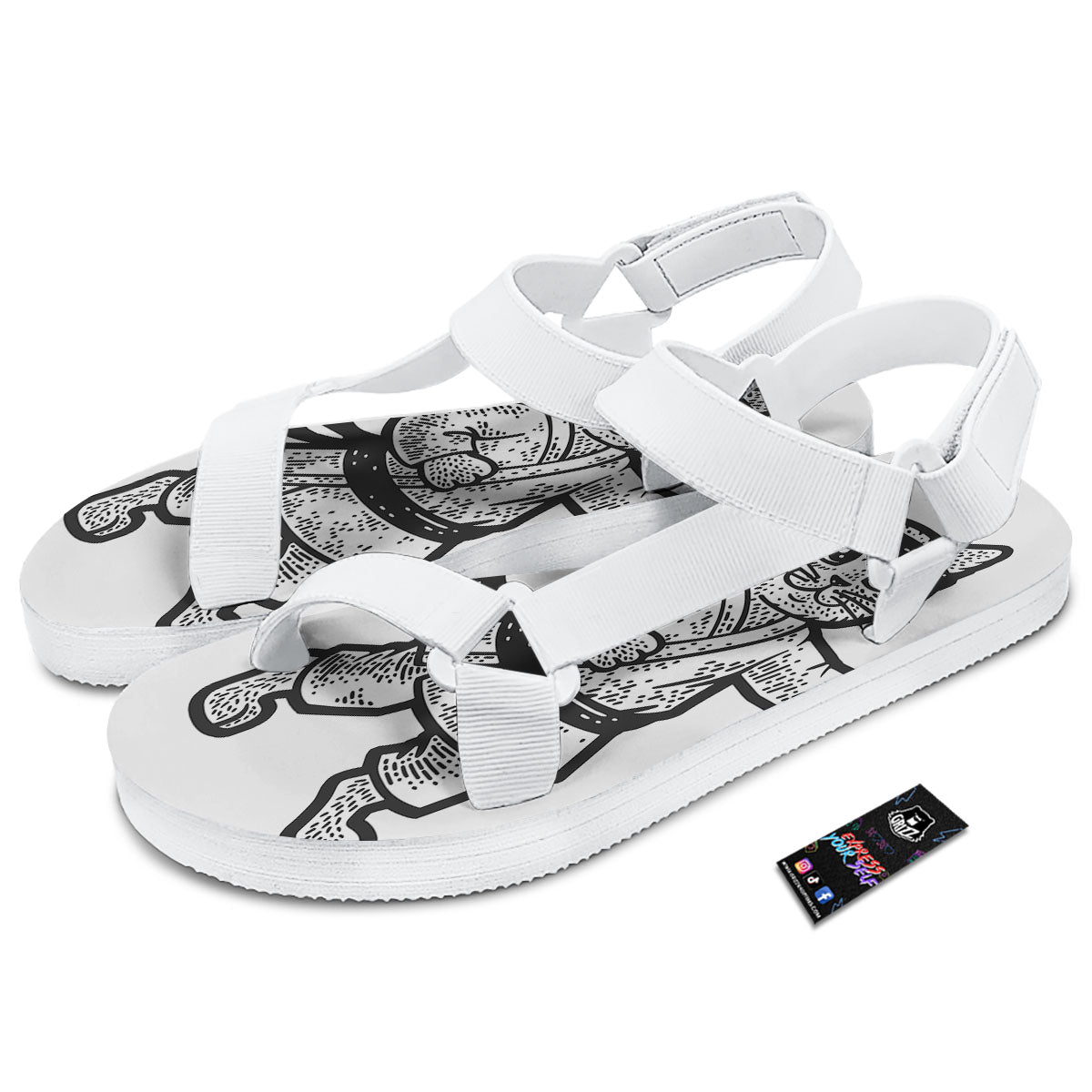 Cat Karate Print White Open Toe Sandals-grizzshop