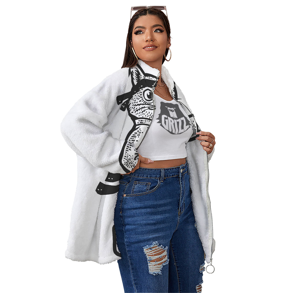 Cat Karate Print Women's Sherpa Jacket-grizzshop