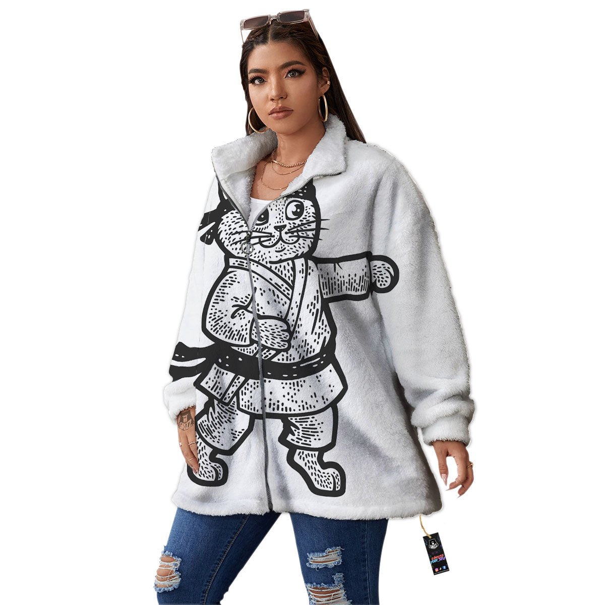 Cat Karate Print Women's Sherpa Jacket-grizzshop