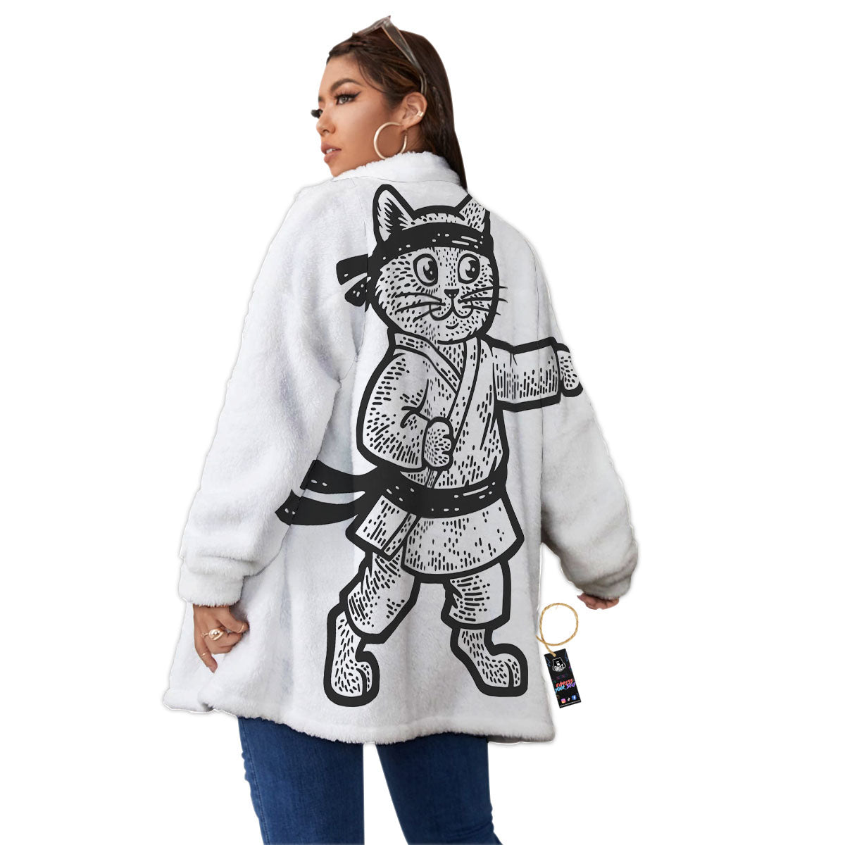 Cat Karate Print Women's Sherpa Jacket-grizzshop