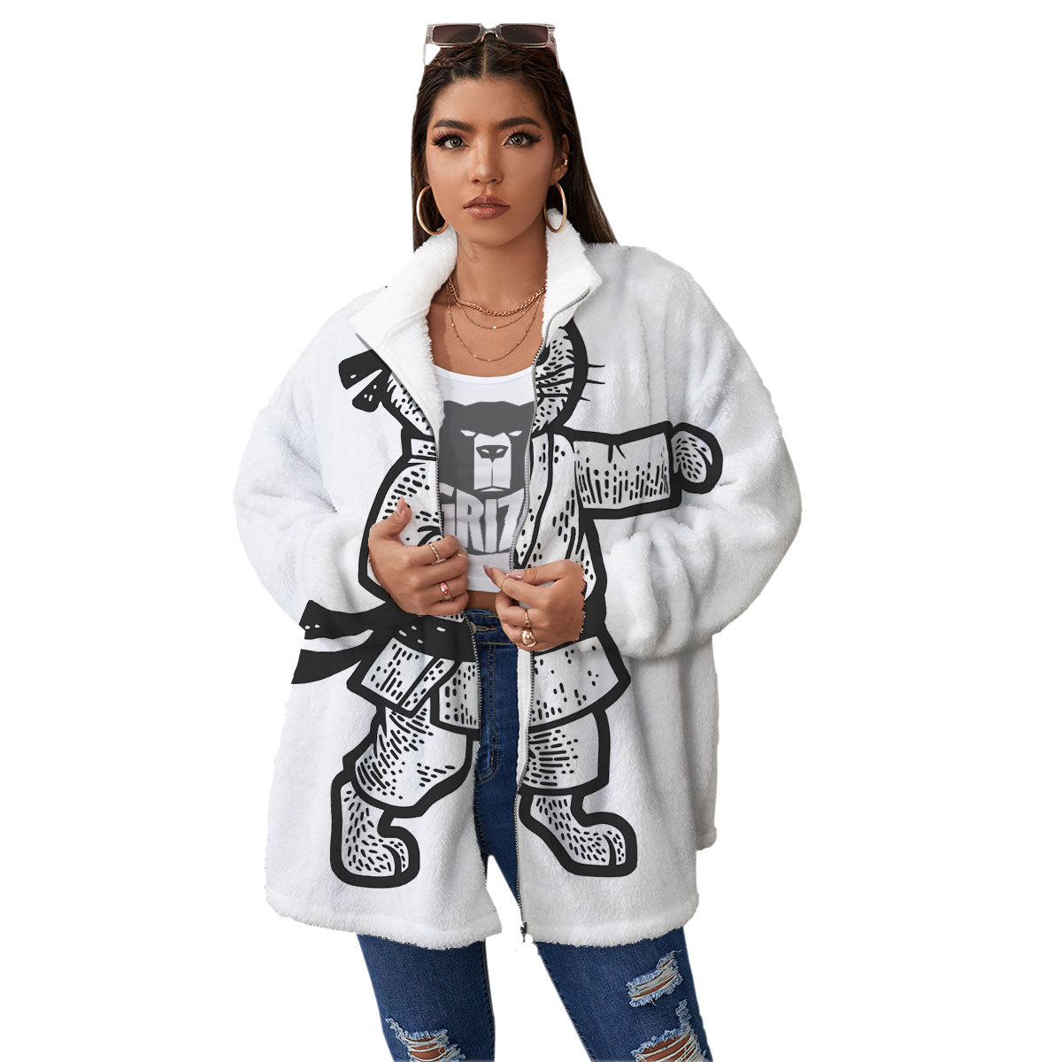 Cat Karate Print Women's Sherpa Jacket-grizzshop