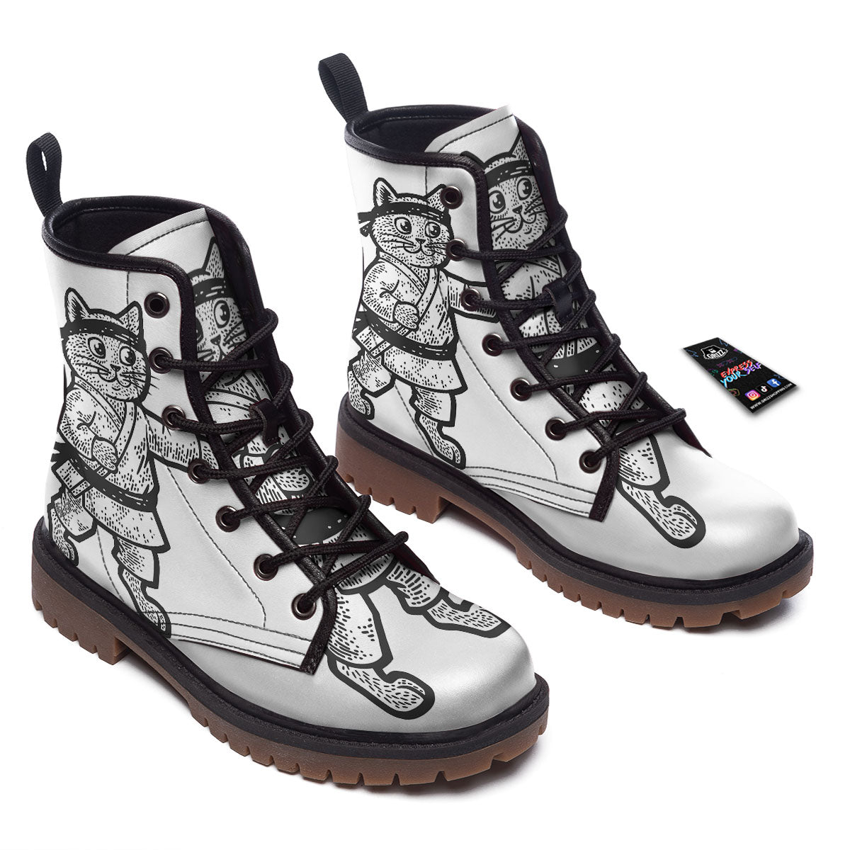 Cat Karate Print Work Boots-grizzshop