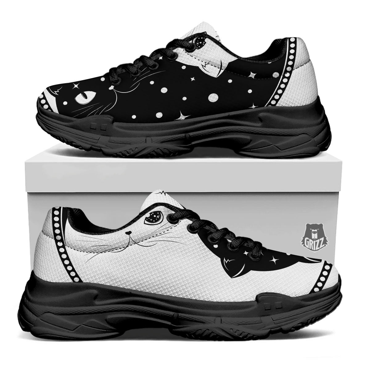 Cat Yin Yang White And Black Print Black Chunky Shoes-grizzshop