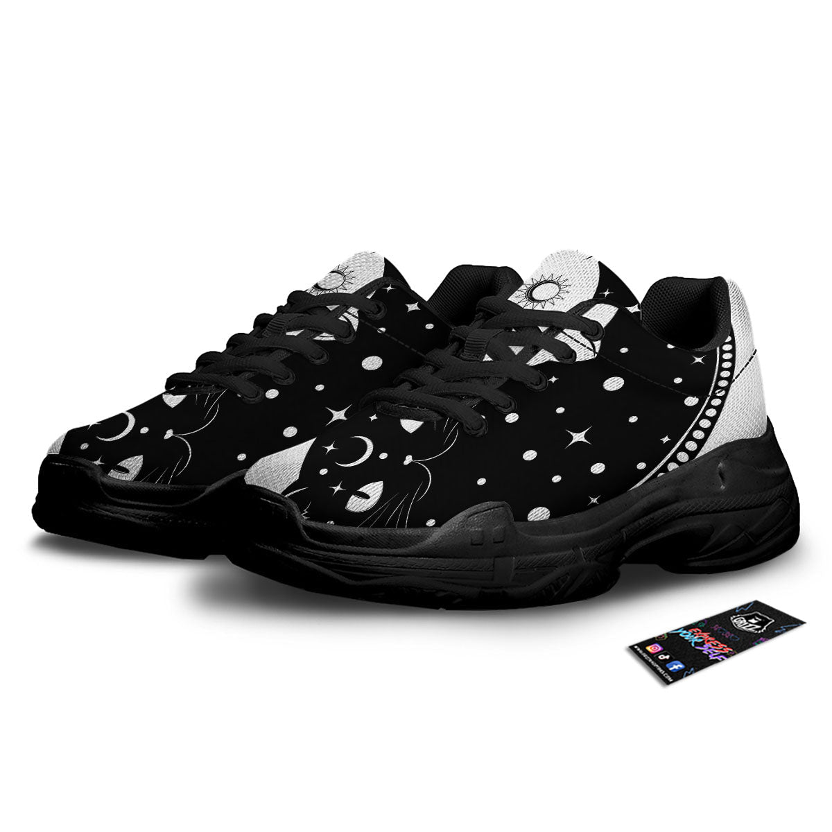 Cat Yin Yang White And Black Print Black Chunky Shoes-grizzshop
