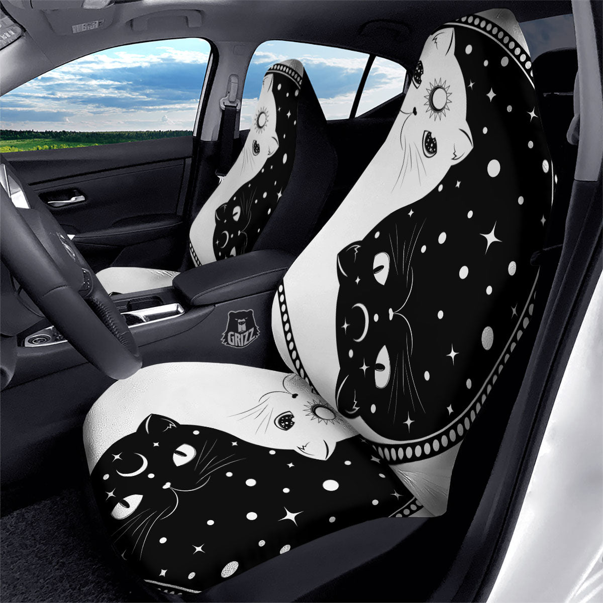 Cat Yin Yang White And Black Print Car Seat Covers-grizzshop