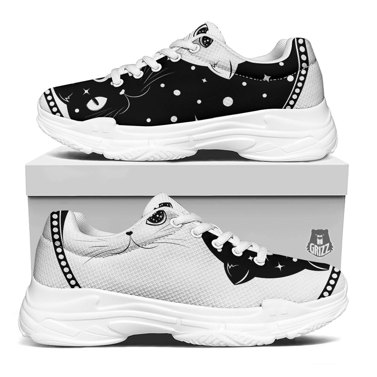 Cat Yin Yang White And Black Print White Chunky Shoes-grizzshop