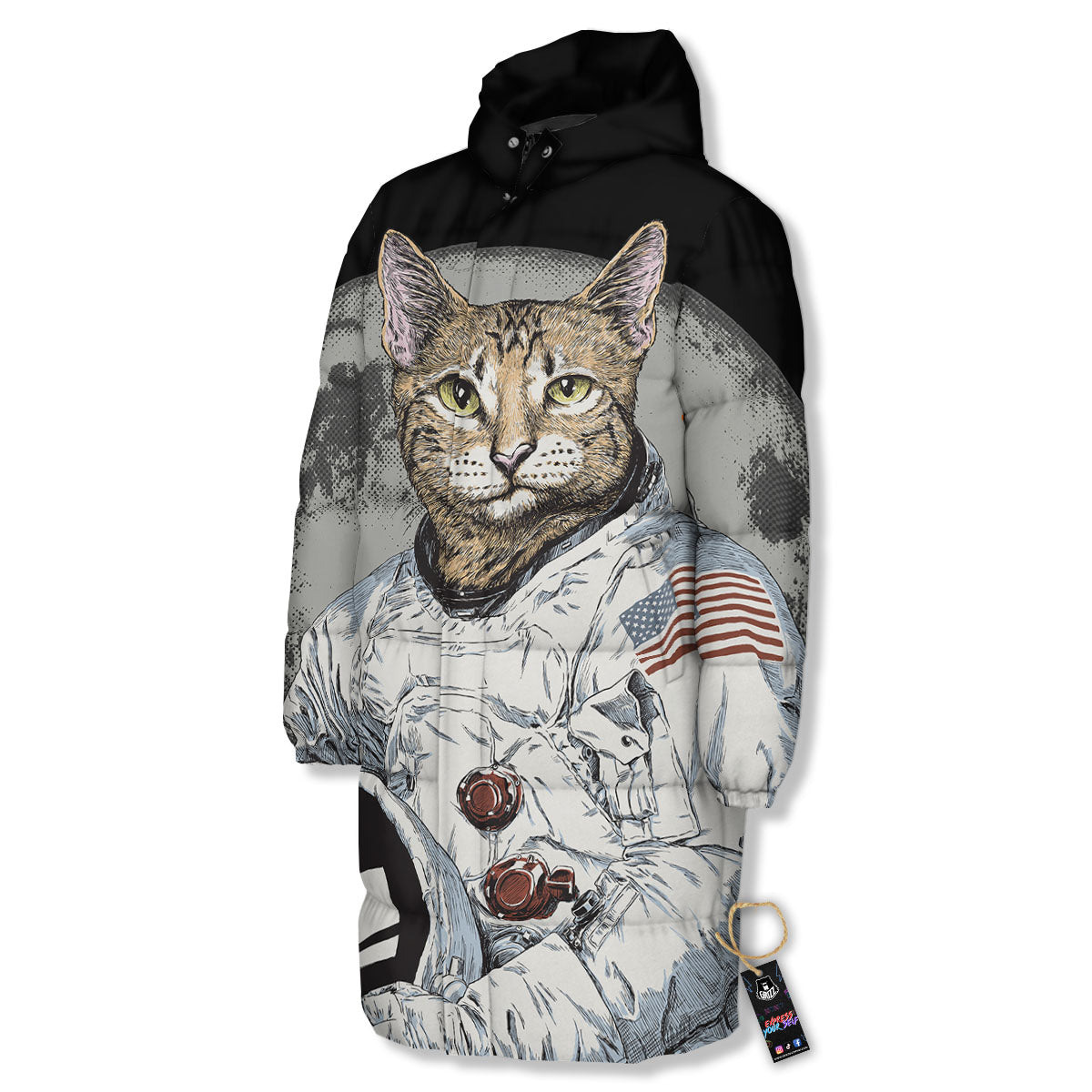 Cat American Astronaut On The Moon Print Long Down Jacket