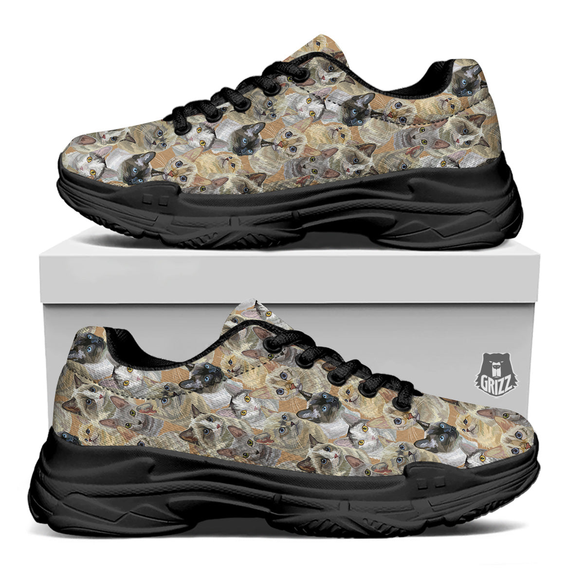 Cats Portrait Print Pattern Black Chunky Shoes-grizzshop