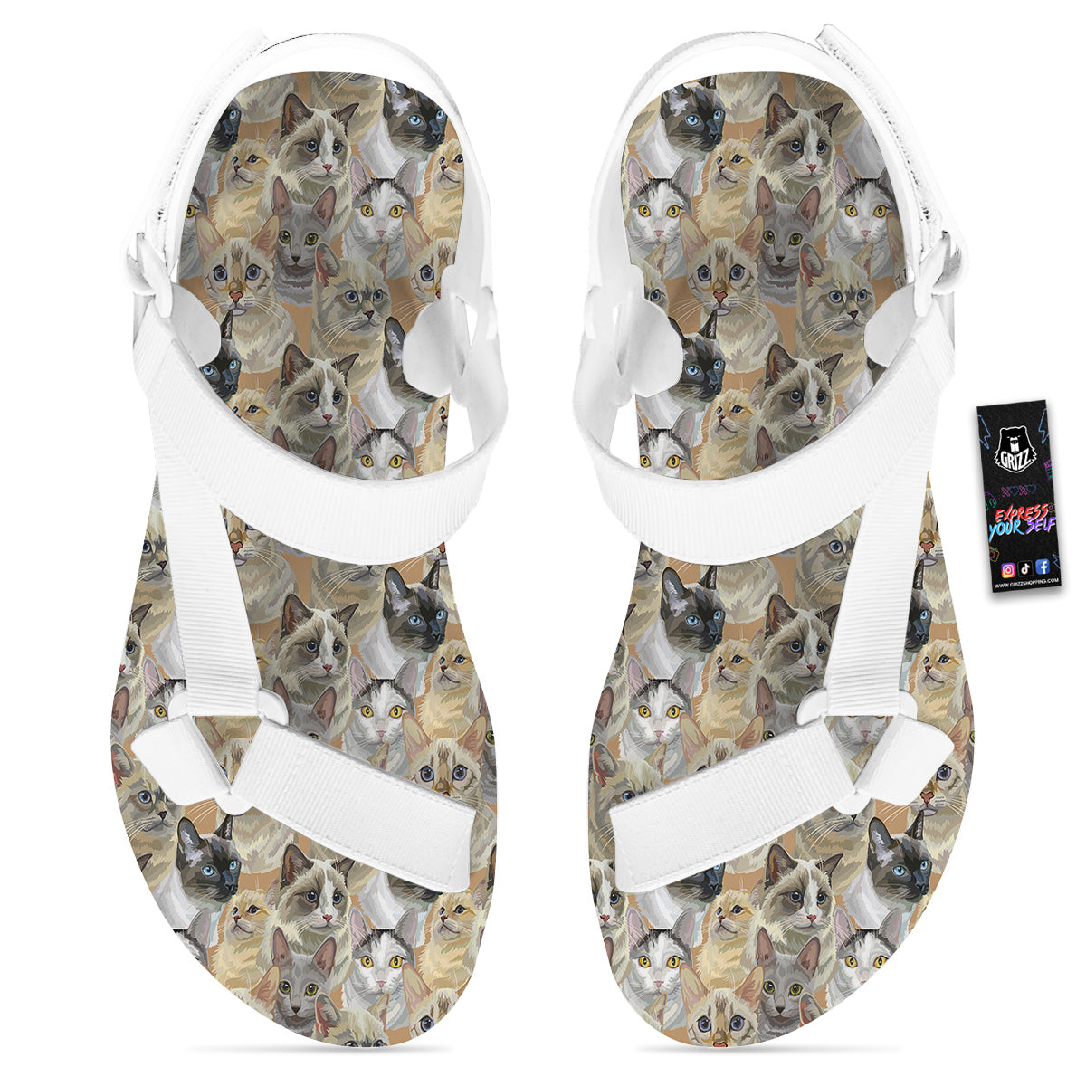 Cats Portrait Print Pattern White Open Toe Sandals-grizzshop