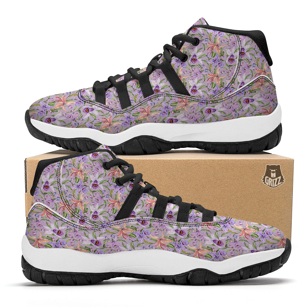Cattleya Colorful Watercolor Print Black Bball Shoes-grizzshop