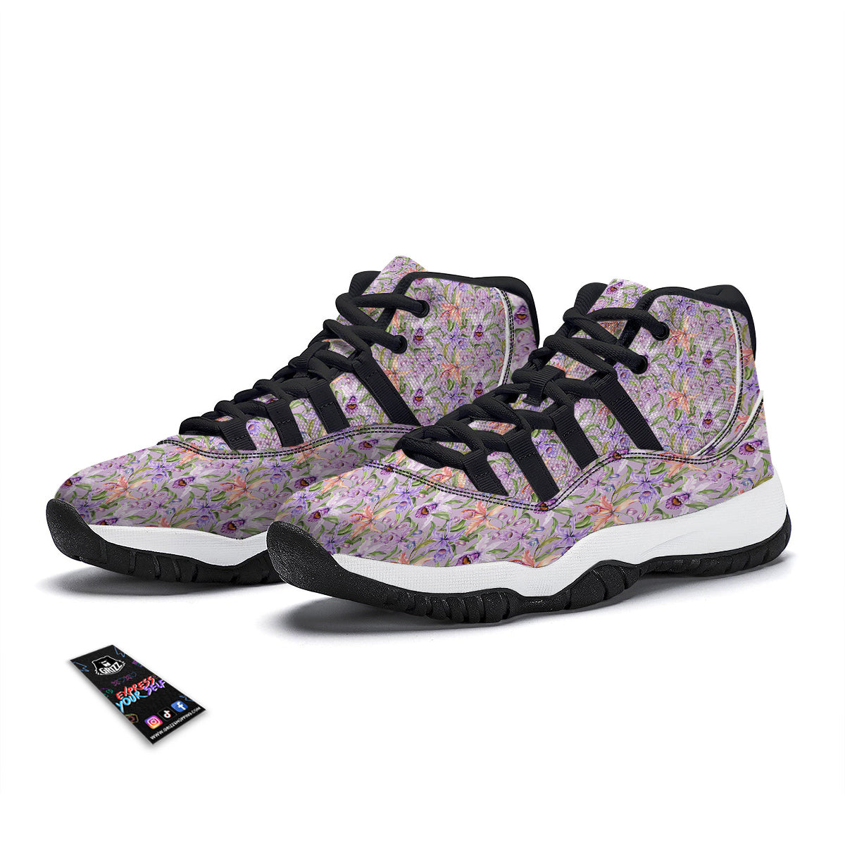Cattleya Colorful Watercolor Print Black Bball Shoes-grizzshop
