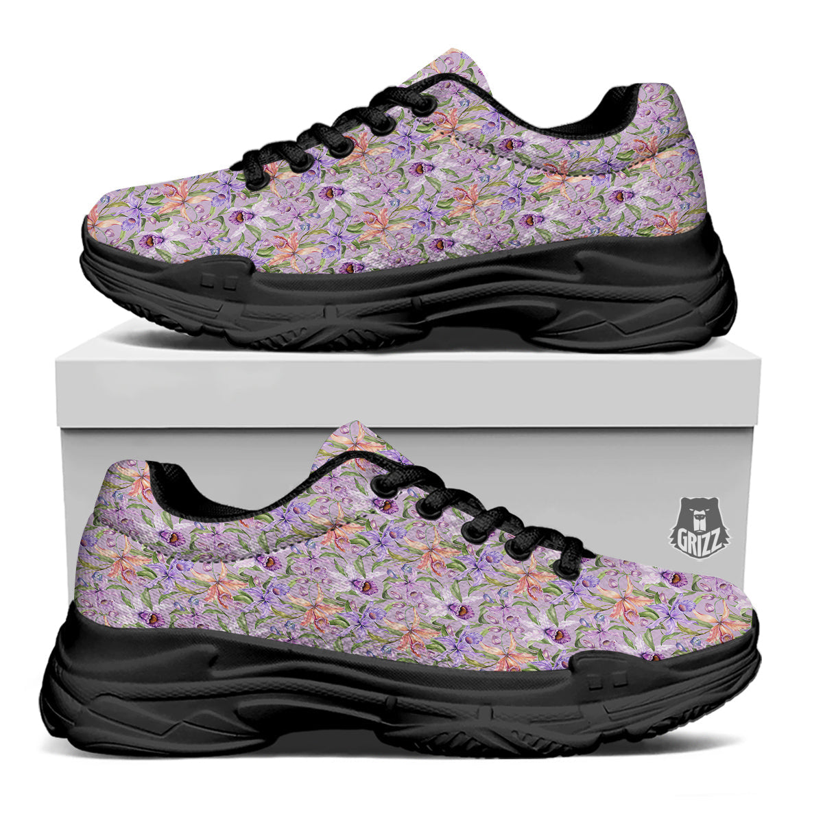 Cattleya Colorful Watercolor Print Black Chunky Shoes-grizzshop