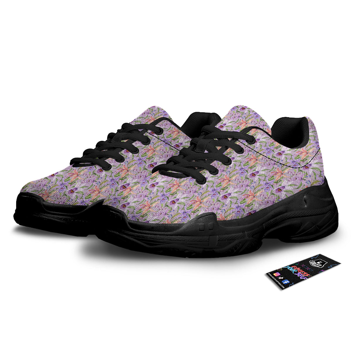 Cattleya Colorful Watercolor Print Black Chunky Shoes-grizzshop