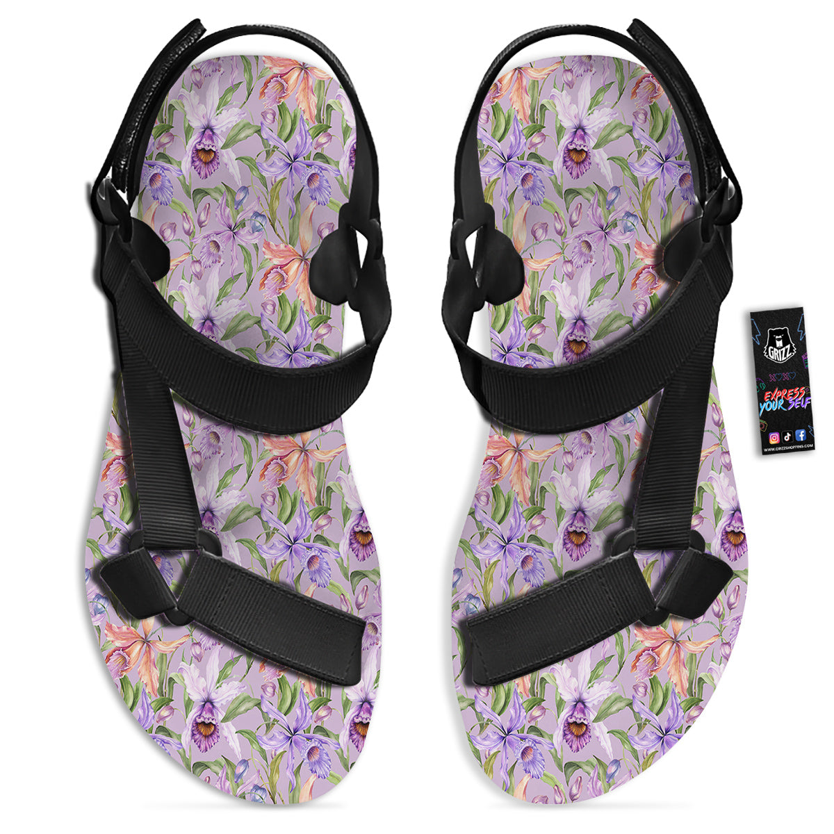 Cattleya Colorful Watercolor Print Black Open Toe Sandals-grizzshop
