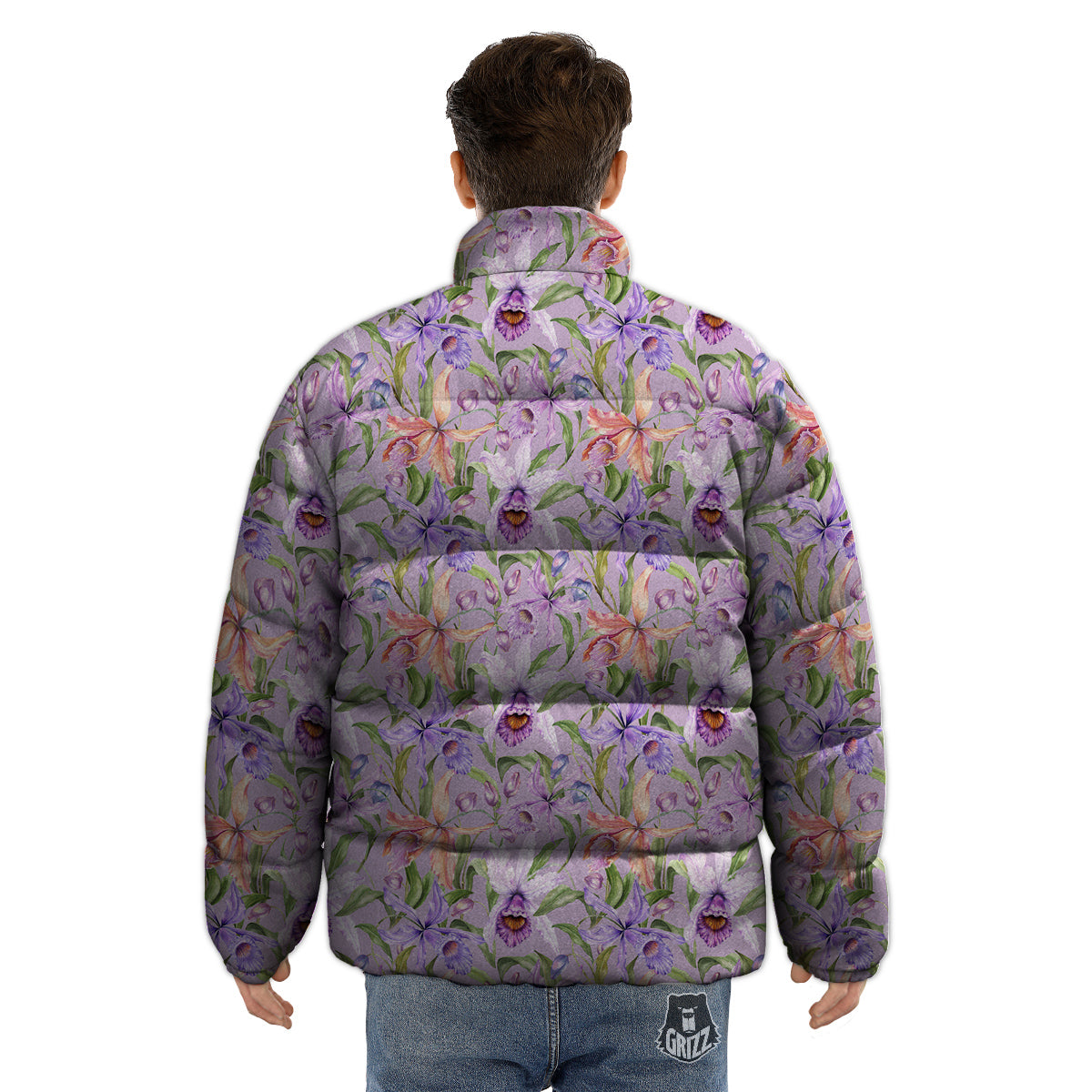 Cattleya Colorful Watercolor Print Puffer Jacket-grizzshop