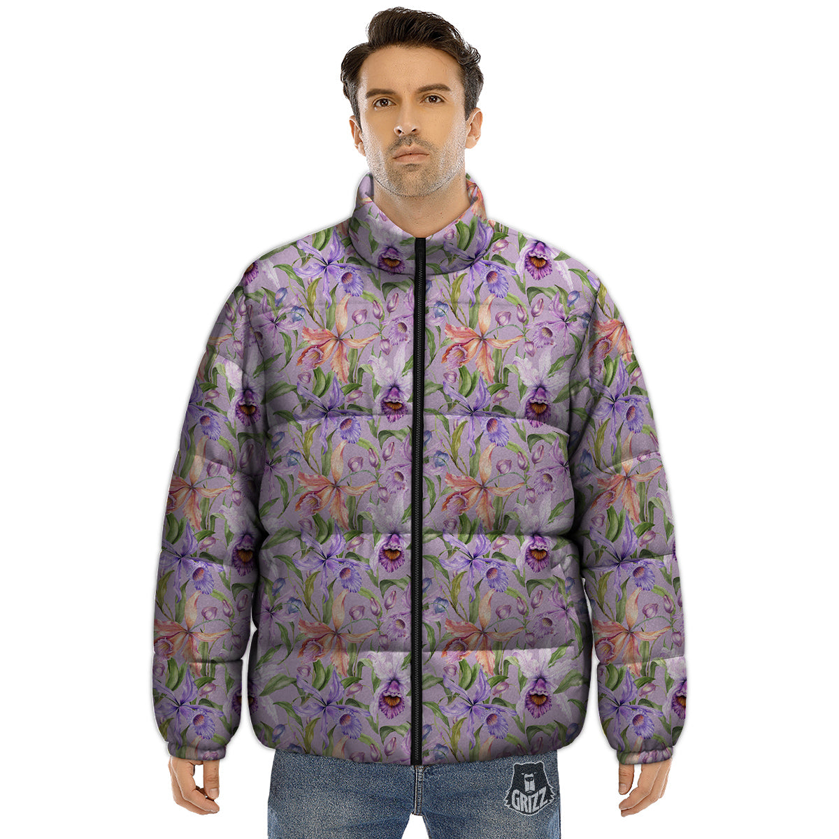 Cattleya Colorful Watercolor Print Puffer Jacket-grizzshop