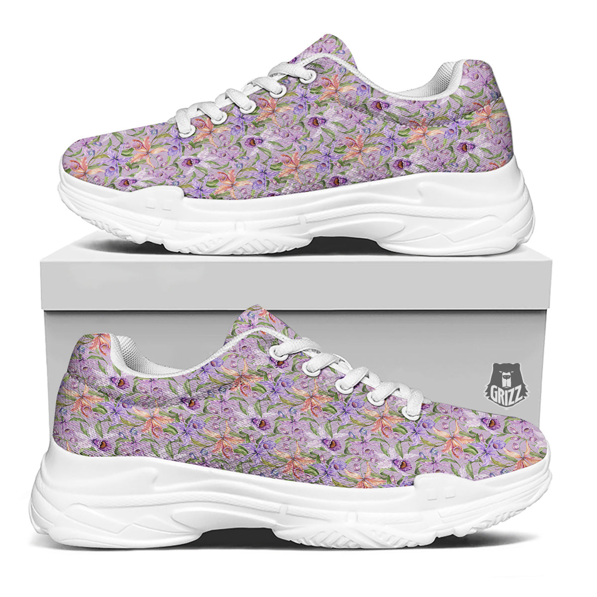 Cattleya Colorful Watercolor Print White Chunky Shoes-grizzshop