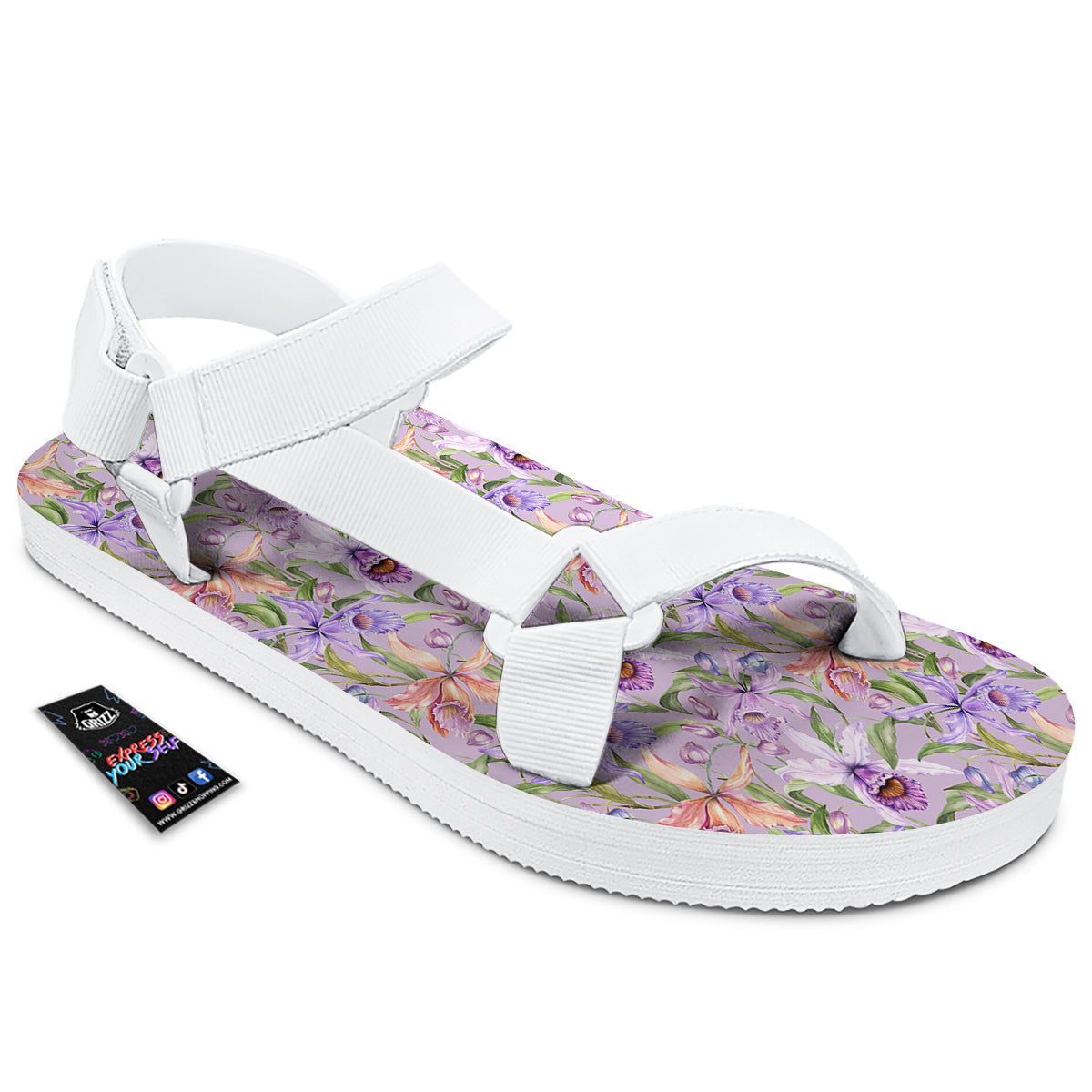 Cattleya Colorful Watercolor Print White Open Toe Sandals-grizzshop