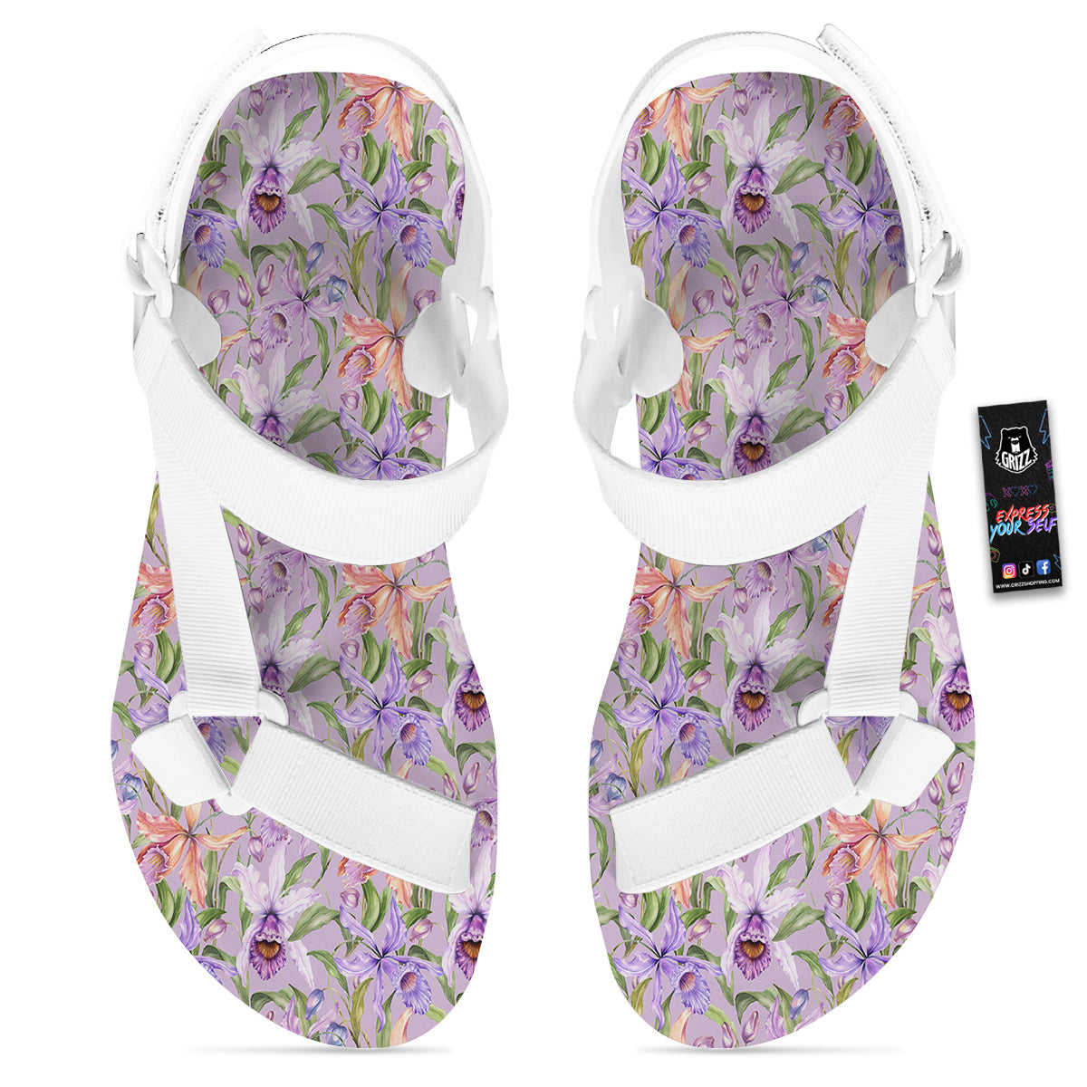 Cattleya Colorful Watercolor Print White Open Toe Sandals-grizzshop