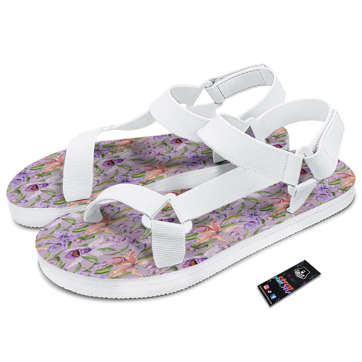 Cattleya Colorful Watercolor Print White Open Toe Sandals-grizzshop