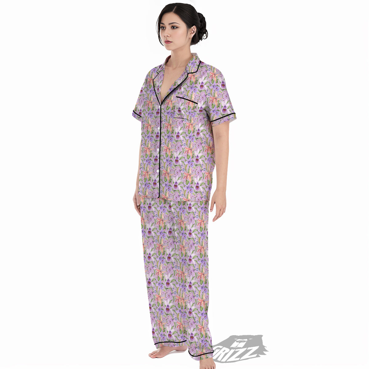 Cattleya Colorful Watercolor Print Women's Pajamas Set-grizzshop