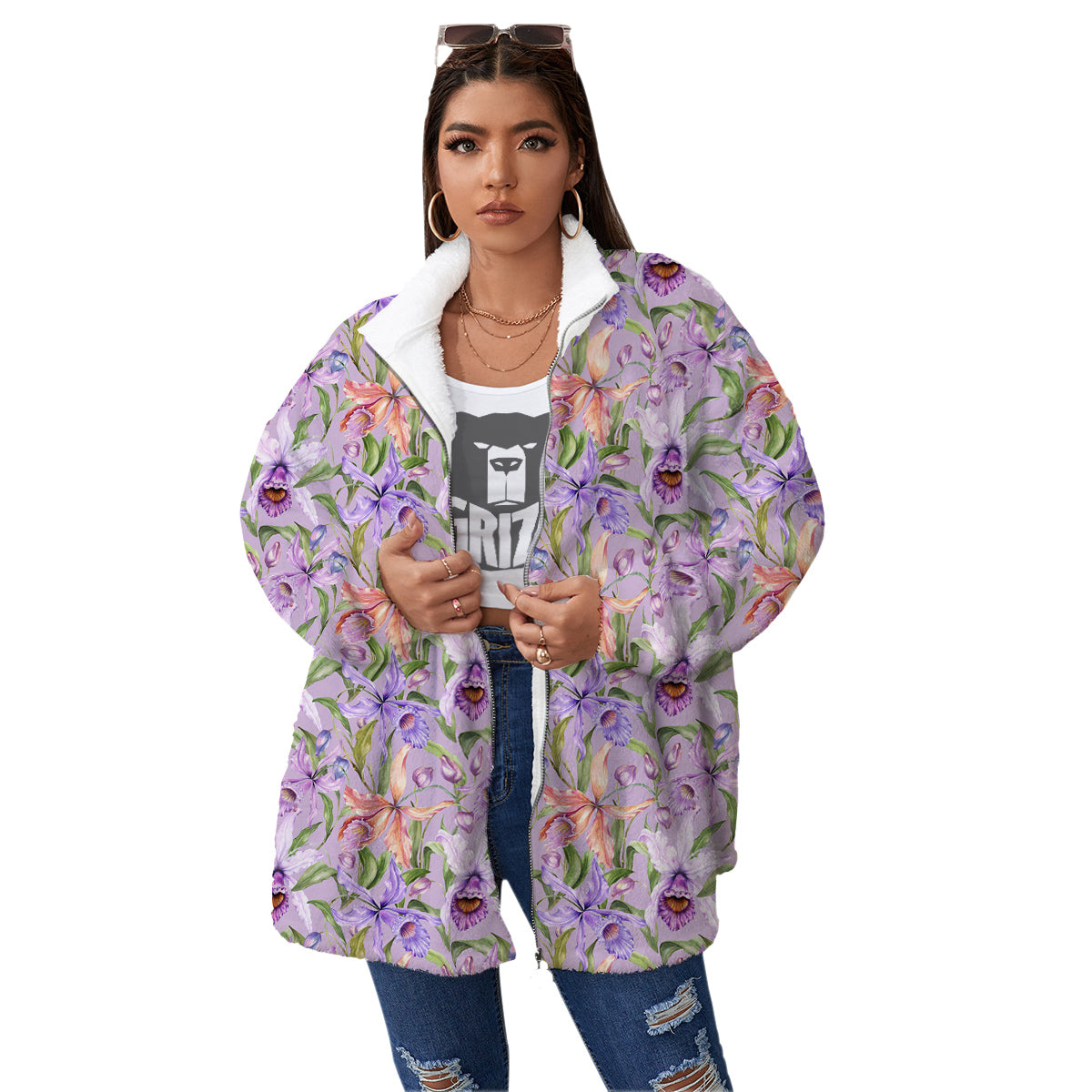 Cattleya Colorful Watercolor Print Women's Sherpa Jacket-grizzshop
