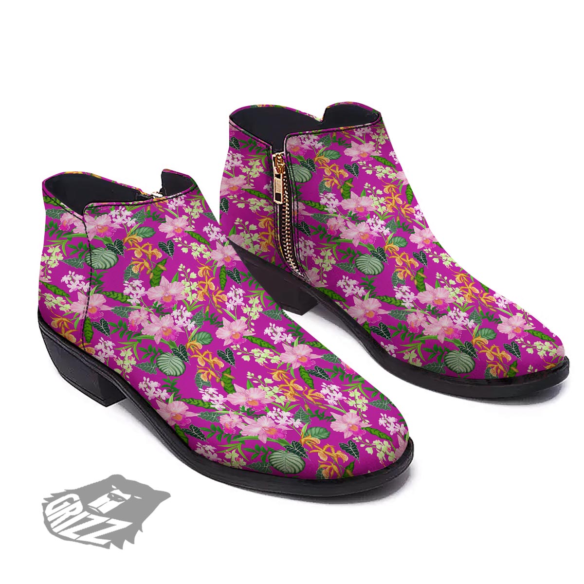 Cattleya Tropical Print Pattern Ankle Boots-grizzshop