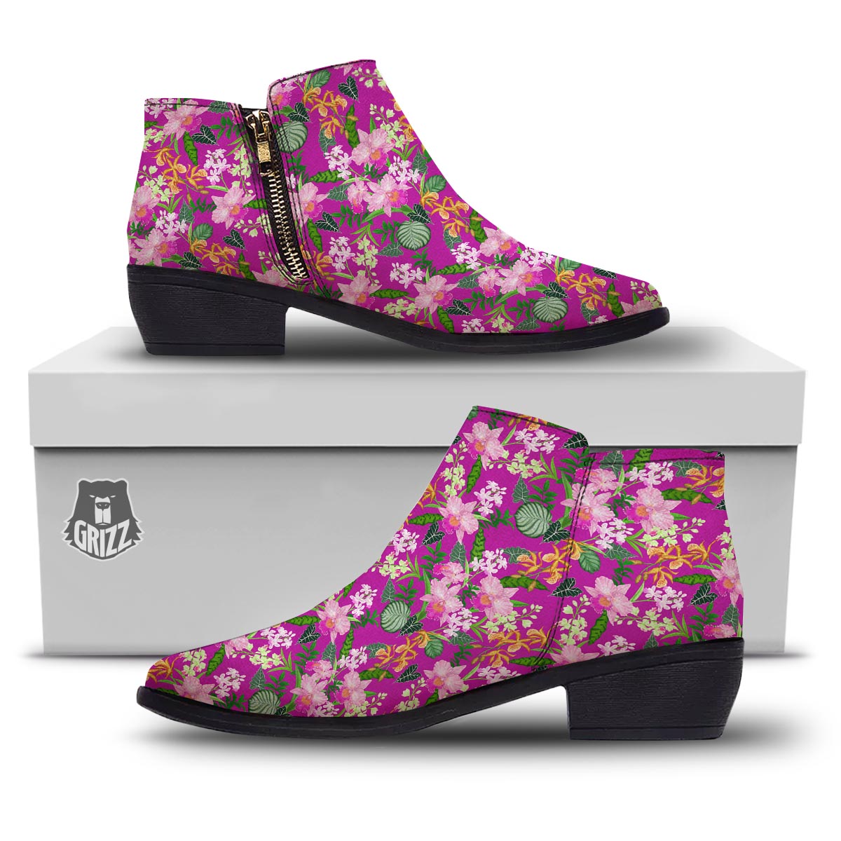 Cattleya Tropical Print Pattern Ankle Boots-grizzshop