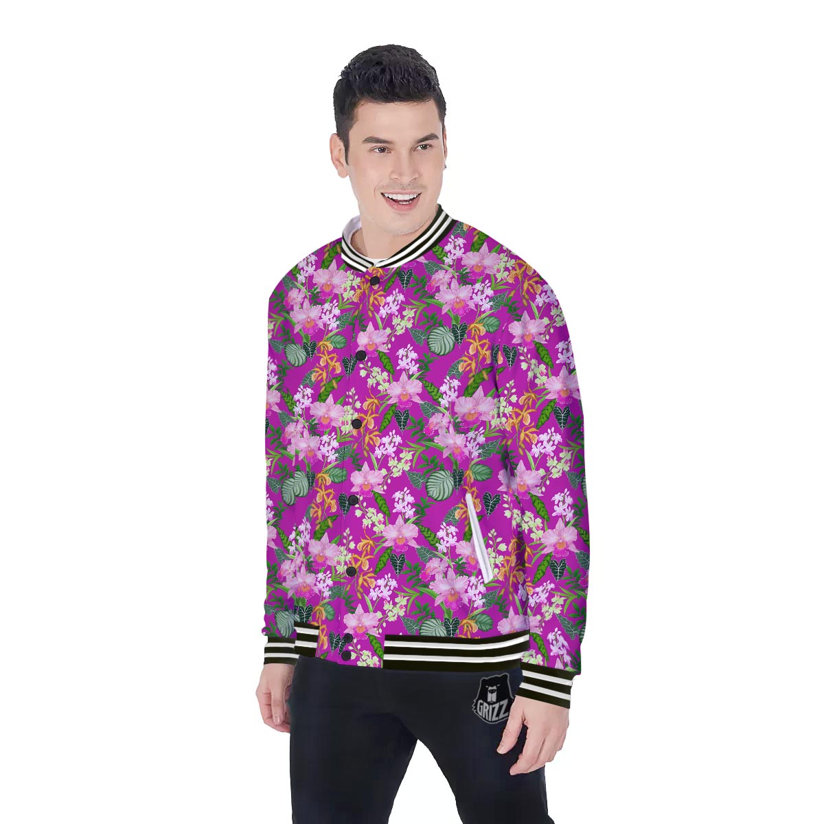 Cattleya Tropical Print Pattern Baseball Jacket-grizzshop
