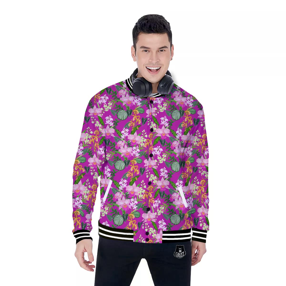 Cattleya Tropical Print Pattern Baseball Jacket-grizzshop