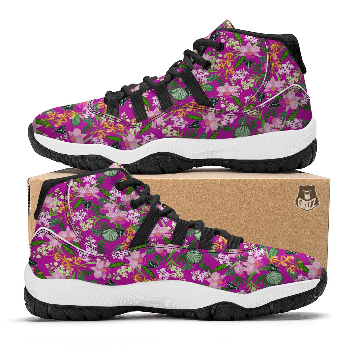 Cattleya Tropical Print Pattern Black Bball Shoes-grizzshop