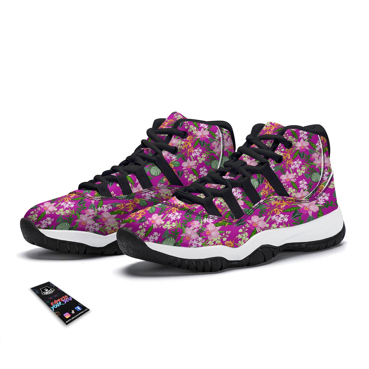 Cattleya Tropical Print Pattern Black Bball Shoes-grizzshop